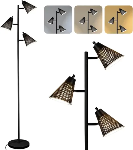 Vista 11 de Lámpara de pie estilo árbol para sala de estar, lámpara de pie industrial de 3 luces con 3 bombillas LED, cabezas giratorias ajustables, lámpara