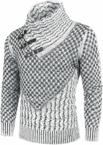 Vista 2 de COOFANDY Suéter de punto de cuello alto para hombre, manga larga, ajustado, cuello de chal, sin botones
