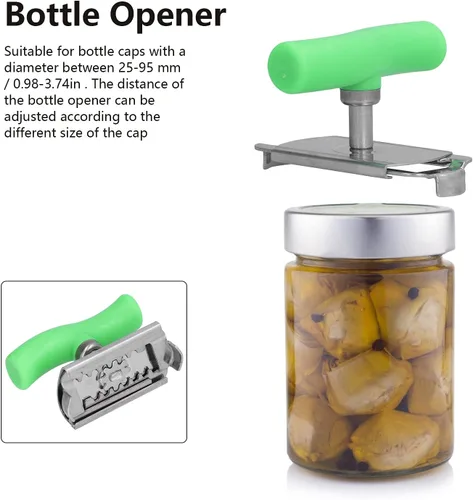 Vista 4 de Abrelatas de acero inoxidable, abridor de botellas manual portátil, abridor de latas de alta resistencia con mango ergonómico para cocina, Verde