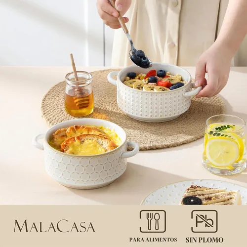 Vista 3 de MALACASA Juego de 4 cuencos de cerámica de 20 oz con asas – Cuencos de sopa de cebolla francesa aptos para horno y microondas, patrones únicos