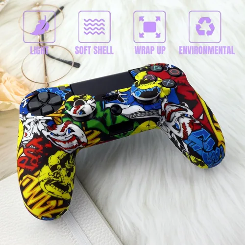 Vista 2 de Skin para controlador PS4, funda de silicona antideslizante con 2 tapas de agarre para el pulgar para PS4SlimPro Dualshock 4 Controller Wireless