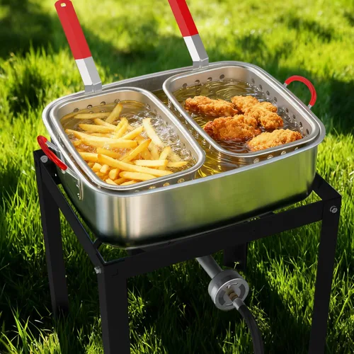 Vista 5 de Freidora de propano de 18 cuartos Freidora de pescado para exteriores con 2 cestas, pinzas, tapa, tapa y termómetro Freidora de aluminio