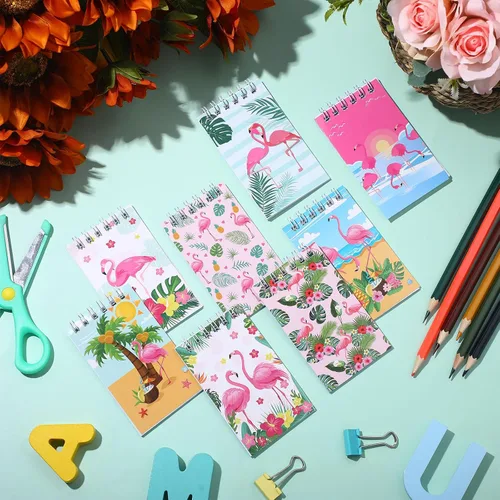 Vista 4 de Faccito 24 piezas de flamenco para fiestas de verano, mini bloc de notas de bolsillo hawaiano, espirales tropicales, Luau, pequeñas notas