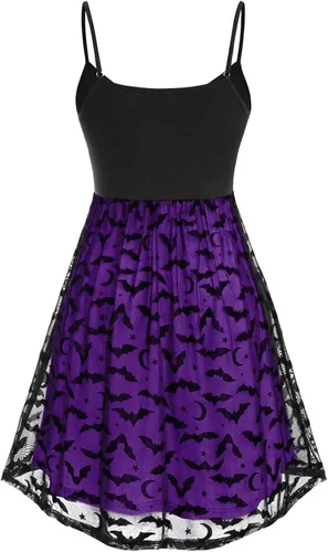 Vista 2 de Vestido gótico para mujer, vestido de encaje con estampado de murciélago, sexy, sin mangas, tirantes delgados, vestido de fiesta de Halloween