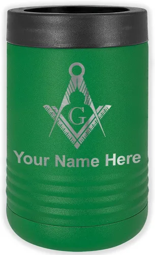 Vista 9 de LaserGram Aislador personalizado de latas y botellas de acero inoxidable, símbolo masón, mantiene las bebidas frías durante más tiempo (negro)