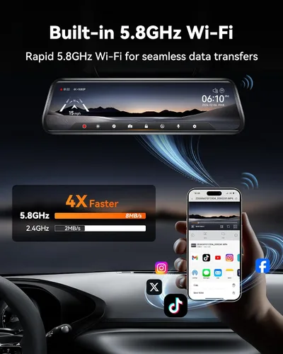 Vista 3 de WOLFBOX G930 - Cámara de espejo retrovisor de 10'' con WiFi de 5.8GHz, cámara de salpicadero 4K frontal y trasera con WDR, espejo retrovisor