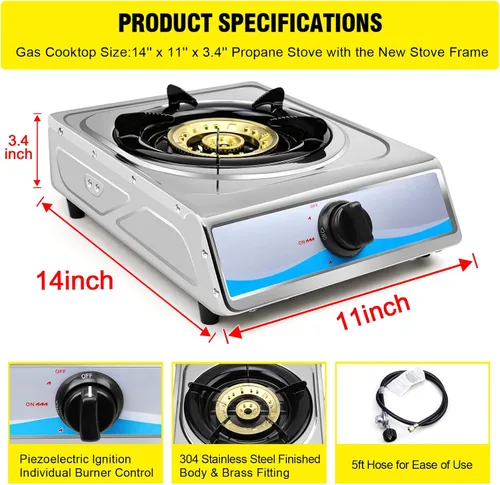 Vista 2 de Cocina de gas propano,Estufa de gas de un solo quemador Estufa de gas portátil de acero inoxidable,Auto Ignition Camping Single Burner LPG para RV