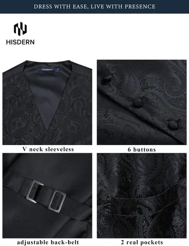 Vista 7 de HISDERN Conjunto de 3 piezas de chaleco formal para hombre, chaleco formal de cachemira floral jacquard corbata bolsillo cuadrado chalecos