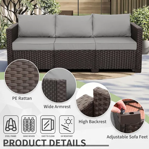 Vista 4 de WAROOM Sofá de patio de mimbre PE para exteriores, sofá de 3 asientos, juego de muebles de ratán marrón, asientos profundos con cojín gris