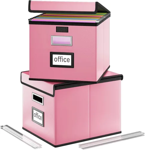 Vista 28 de Caja organizadora de archivos Huolewa con tapa, caja organizadora de carpetas de archivos colgantes de cuero sintético plegable con deslizadores