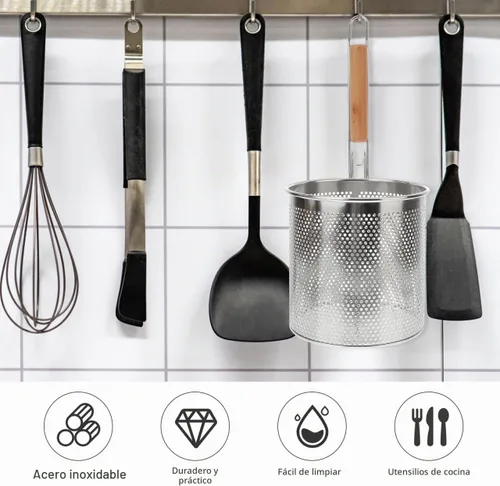 Vista 8 de Angoily Colador de pasta de malla de 1 galón de acero inoxidable de 6.5 pulgadas de profundidad, colador de olla caliente con mango de madera, 3.7 L