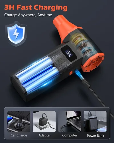 Vista 3 de Plumero de aire comprimido, plumero de aire eléctrico de 120,000 RPM, potente motor sin escobillas de 4 velocidades con luz LED, soplador de aire