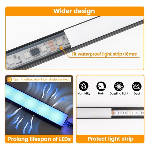 Vista 3 de Muzata Paquete de 20 canales LED de aluminio negro con cubierta blanca lechosa U102 BW 1M 18x8.5mm Wide LED Channel, Fits Up to 16mm Strips, U102