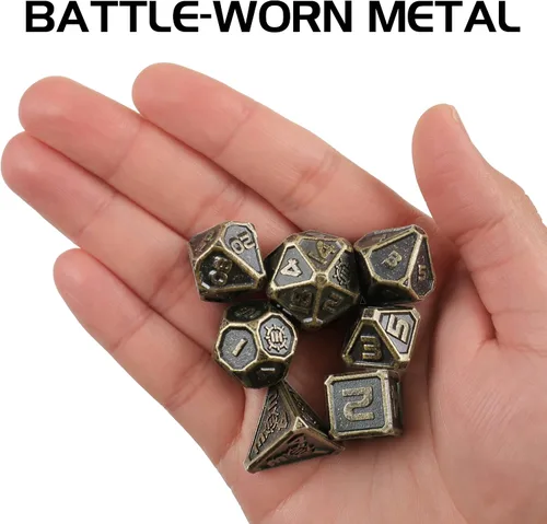 Vista 4 de ENHANCE DND - Juego de dados de metal, 7 dados poliédricos con estuche de almacenamiento y bolsa con cordón, juego de metal sólido para Calabozos