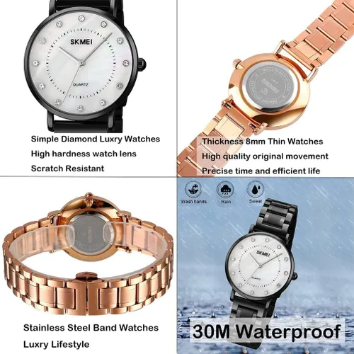Vista 5 de SKMEI Women Watches Diamond Big Face Thin Slim Stainless Luxury Fashion Analog Quartz Waterproof Dress Casual Simple Ladies Female Rose Gold