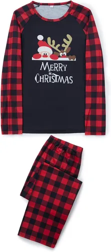 Vista 4 de OAKFashion Conjunto familiar de Navidad a juego con camiseta de manga larga de Papá Noel con estampado de dibujos animados + pantalón casual