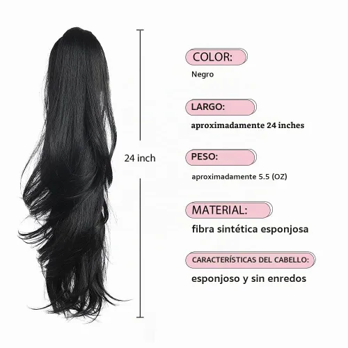 Vista 3 de Extensión de cola de caballo, extensiones de cabello negro de 24 pulgadas, extensión de cola de caballo con clip de garra para mujer, pieza