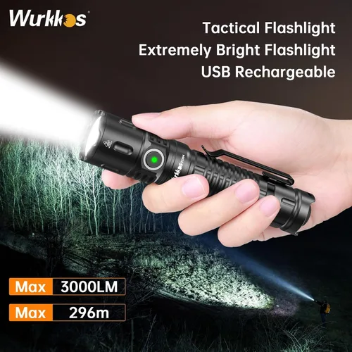 Vista 2 de Linterna táctica Wurkkos TD04, linternas de mano recargables, linterna LED súper brillante de 3000 lúmenes con puerto de carga tipo C, interruptor