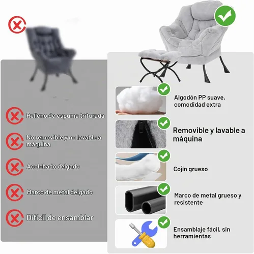 Vista 9 de Furlide - Silla perezosa con otomana, cómoda silla de lectura para dormitorio, color gris Gris ceniza