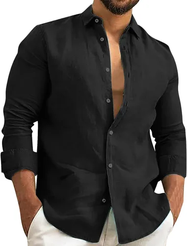 Vista 10 de Camisa de algodón y lino para hombre, manga larga, cuello liso, con botones, camiseta casual para playa y verano AG