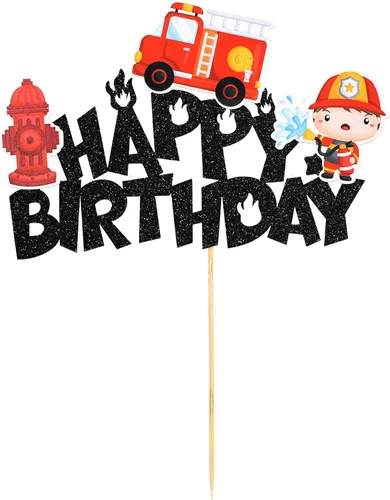 Vista 3 de Gyufise Decoración para pastel de cumpleaños con purpurina para bomberos, camión de bomberos, bomberos, pasteles, tema de baby shower, niños, fiesta