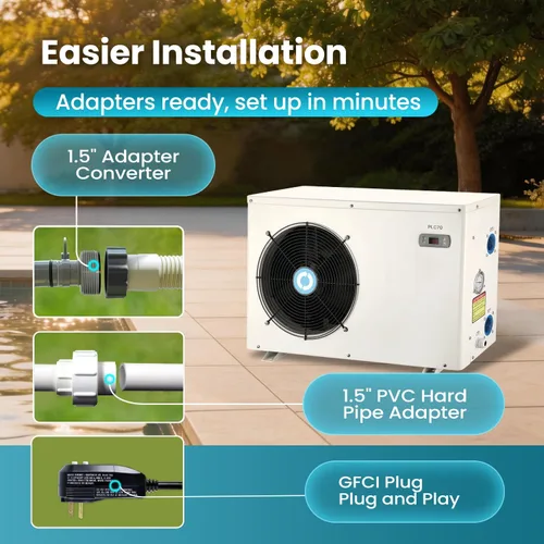 Vista 6 de ECOPOOLTECH 20000 Btu - Calentador de piscina sobre el suelo, bomba de calor para piscina, 7000 galones máximo, se adapta a piscinas de 8/11/15