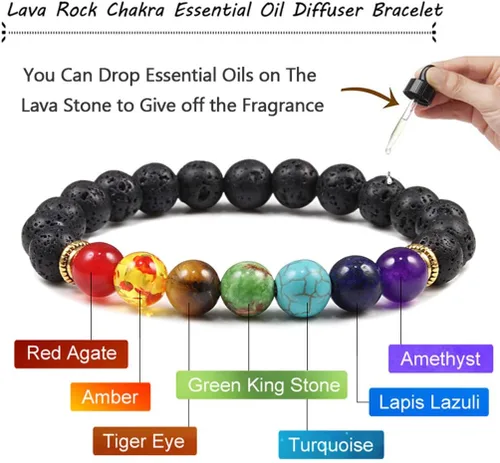 Vista 2 de CASDAN - Pulsera de piedra de lava de 0.315 pulgadas (0.315 in) para mujeres y hombres, 7 chakras, aromaterapia, difusor de aceites esenciales