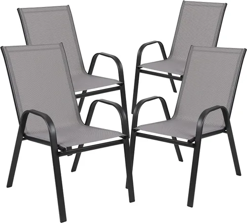 Vista 8 de Flash Furniture Brazos - Juego de comedor para patio al aire libre de 3 piezas, 2 sillas apilables flexibles color gris, mesa redonda de vidrio