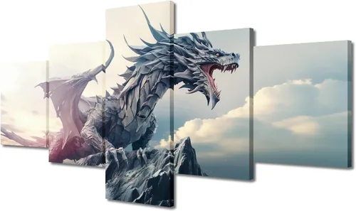 Vista 55 de Lienzo decorativo para pared de sala de estar, lienzo de dragón, 5 paneles, dragón verde, decoración de pared para el hogar, decoración de pared