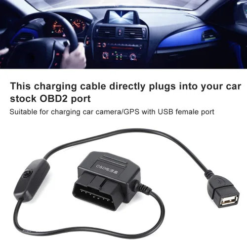 Vista 2 de Ejoyous Cable de alimentación OBD2, cable de alimentación USB Cable de carga 16Pin OBD2 Conector universal para coche GPS DVR Cámara