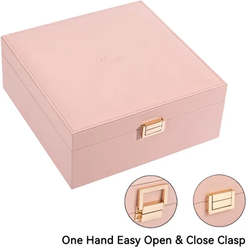 Vista 6 de Voova Joyero organizador para mujeres y adolescentes, estuche grande de almacenamiento de 2 capas, soporte de joyería de piel sintética con bandeja