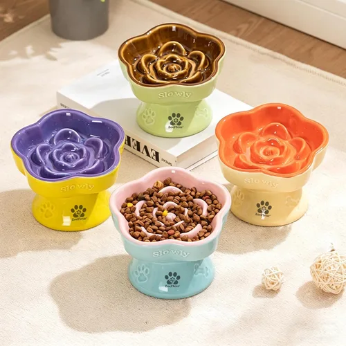 Vista 5 de Cuenco elevado de cerámica para gatos de alimentación lenta, lindo cuenco elevado para comida para mascotas, alimentador de rompecabezas para gatos