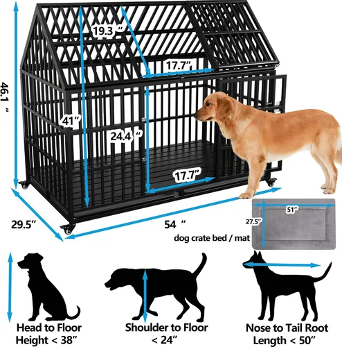 Vista 2 de Jaula resistente para perros de 54 pulgadas, jaula para perros gigantes extra grandes con 2 puertas, ruedas con bloqueo, bandejas extraíbles, acceso
