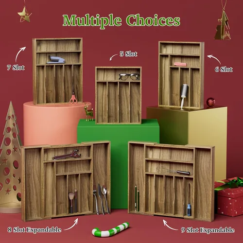 Vista 7 de Kiasthome Organizador de Cajón de Cubiertos de Madera de Acacia, Organizador de Cajón de Utensilios de Cocina con Divisores Ranurados, Organizador