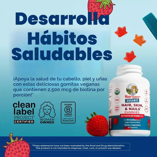 Vista 2 de MaryRuth's Vitaminas para el cabello, la piel y las uñas USDA Organic Gomitas de biotina de 2500 mcg con vitamina C y vitamina E Vitaminas