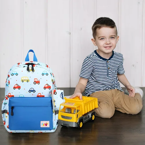 Vista 2 de mygreen Mochila para niños pequeños, mochila para niños y niñas con correa para el pecho Coches Coloridos Azul Claro