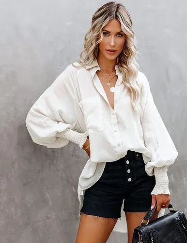 Vista 2 de Chigant Camisas con botones de manga larga tipo farol, blusas de gran tamaño, camisas casuales para la oficina