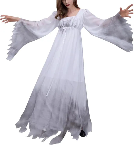 Vista 4 de Vestidos de novia fantasma para mujer, Halloween, cosplay, gótico, victoriano, blanco, vestido de novia de bruja de hadas, vestido de novia