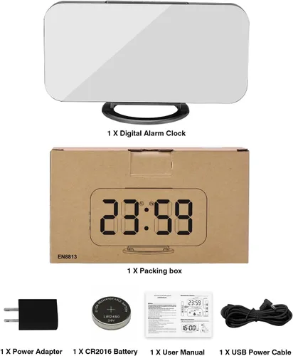 Vista 5 de Reloj despertador digital, relojes electrónicos con espejo LED de 7 pulgadas, con 2 puertos de carga USB, modo de suspensión, ajuste automático