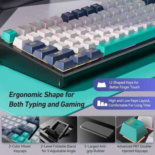 Vista 5 de EarlyLit Teclado mecánico intercambiable en caliente, teclado para juegos con cable con almohadilla numérica, junta silenciosa e interruptores
