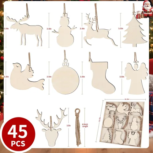 Vista 3 de MACTING 45 adornos de Navidad de madera sin terminar preperforados, rebanadas de madera natural, kit de adornos colgantes en blanco