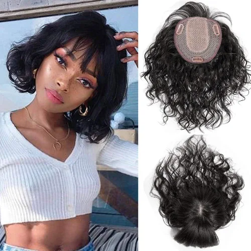 Vista 9 de Parte superior de cabello rizado en forma de U hecha a mano, pieza de cabello humano ondulado, 100% cabello humano con flequillo, postizo superior