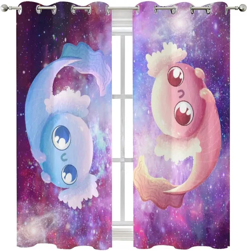 Vista 8 de Cortinas abstractas de ajolote con diseño de galaxia colorida y peces, con aislamiento térmico, oscurecimiento de habitación completa, para sala