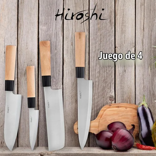 Vista 4 de HIROSHI Juego de cuchillos de sushi y sashimi, 4 piezas de acero inoxidable de alto carbono, cuchillos de chef japoneses con mango de madera