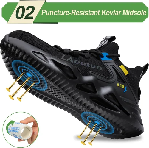 Vista 3 de LAoutun Zapatos con punta de acero para hombre, zapatos de trabajo, zapatos de seguridad, cómodos, ligeros, a prueba de pinchazos, zapatos
