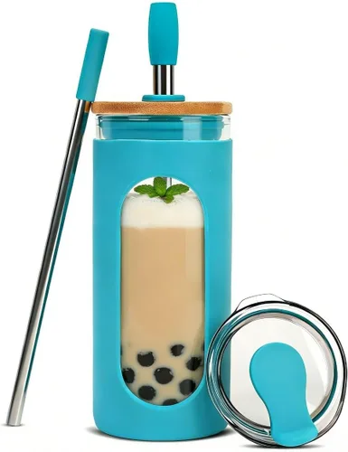 Vista 11 de Sursip - Vaso de vidrio de 20 oz con tapas y popotes, taza de café helado reutilizable de vidrio de borosilicato con tapa de bambú para batido, jugo