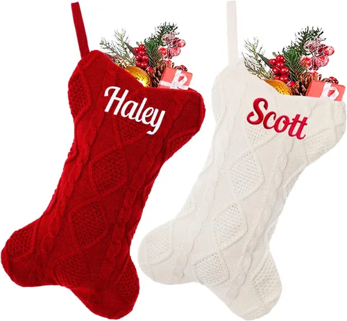 Vista 8 de 1 pieza de medias de Navidad personalizadas, medias de Navidad colgantes de felpa de piel sintética blanca con nombres, medias de Navidad grandes