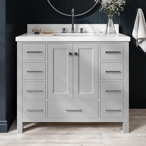 Vista 47 de ARIEL Cambridge - Mueble de baño con lavabo de 42 pulgadas, madera maciza, encimera de cuarzo blanco puro de 1.5 pulgadas, fregadero rectangular