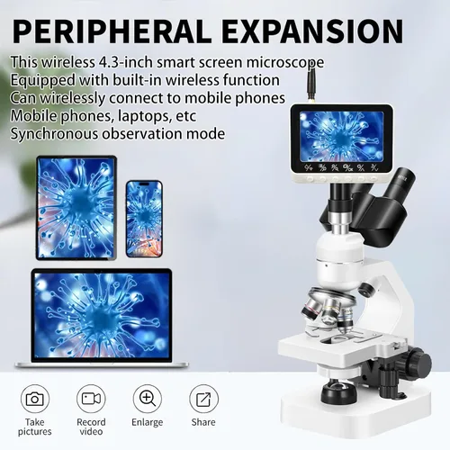 Vista 3 de Microscopio trinocular 40x-2000x Ampliación de doble capa con luces LED en la parte superior e inferior, perillas de enfoque dual gruesas