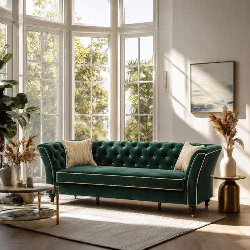 Vista 6 de Beige Velvet Chesterfield Sofa Set, 89.5" 3 Seater Couch for Living Room 2pcs Beige